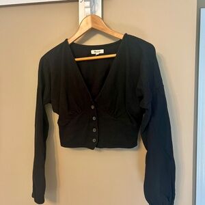 Madewell Deep-V Button-Front Cotton Crop Top Cardigan Sweater  - Black XXS